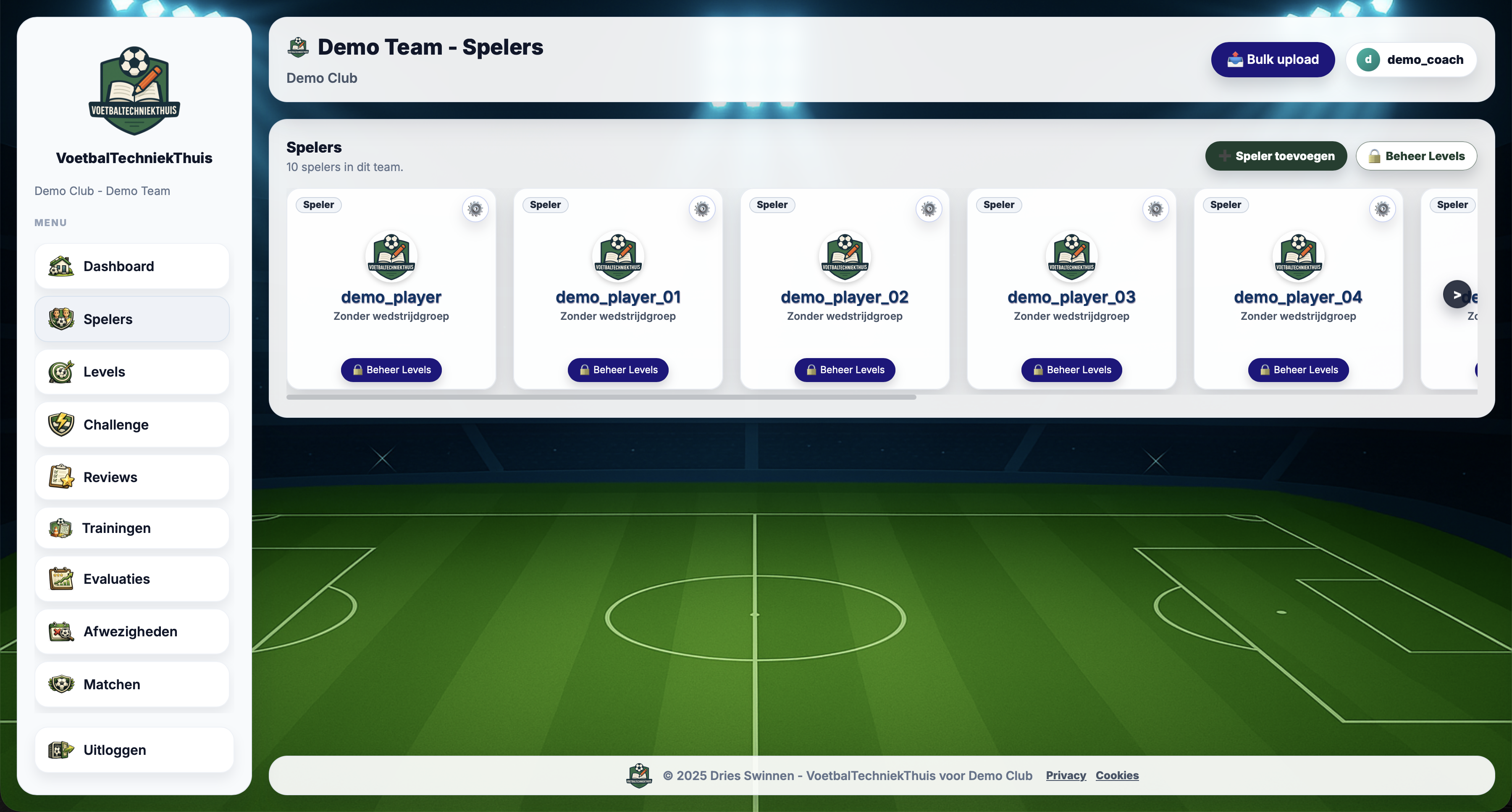 Geanonimiseerde screenshot van spelersbeheer in het teamdashboard